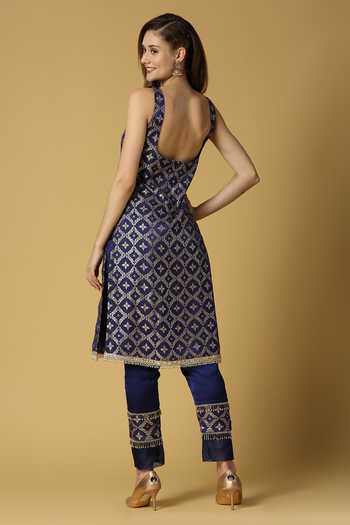 Shop_Monk & Mei By Sonia Anand_Blue Silk, Brocade Lace, Tassels, Kala Floral Woven Straight Kurta Set 