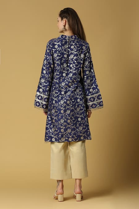 Shop_Monk & Mei By Sonia Anand_Blue Silk, Brocade Tassels V-neck Kavya Floral Woven Pakistani Kurta And Pant Set _at_Aza_Fashions