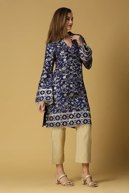 Monk & Mei By Sonia Anand_Blue Silk, Brocade Tassels V-neck Kavya Floral Woven Pakistani Kurta And Pant Set _at_Aza_Fashions