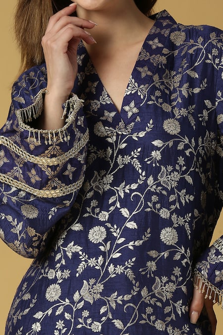 Buy_Monk & Mei By Sonia Anand_Blue Silk, Brocade Tassels V-neck Kavya Floral Woven Pakistani Kurta And Pant Set 