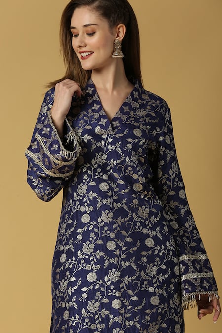 Shop_Monk & Mei By Sonia Anand_Blue Silk, Brocade Tassels V-neck Kavya Floral Woven Pakistani Kurta And Pant Set 