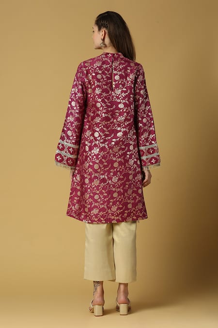 Shop Monk & Mei By Sonia Anand Purple Silk, Brocade, Cotton Tassels Kavya Woven Pakistani Kurta And Pant Set at Aza Fashions Shop_Monk & Mei By Sonia Anand_Purple Silk, Brocade, Cotton Tassels Kavya Woven Pakistani Kurta And Pant Set _at_Aza_Fashions