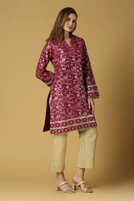 Shop Monk & Mei By Sonia Anand Purple Silk, Brocade, Cotton Tassels Kavya Woven Pakistani Kurta And Pant Set Online at Aza Fashions Shop_Monk & Mei By Sonia Anand_Purple Silk, Brocade, Cotton Tassels Kavya Woven Pakistani Kurta And Pant Set _Online_at_Aza_Fashions