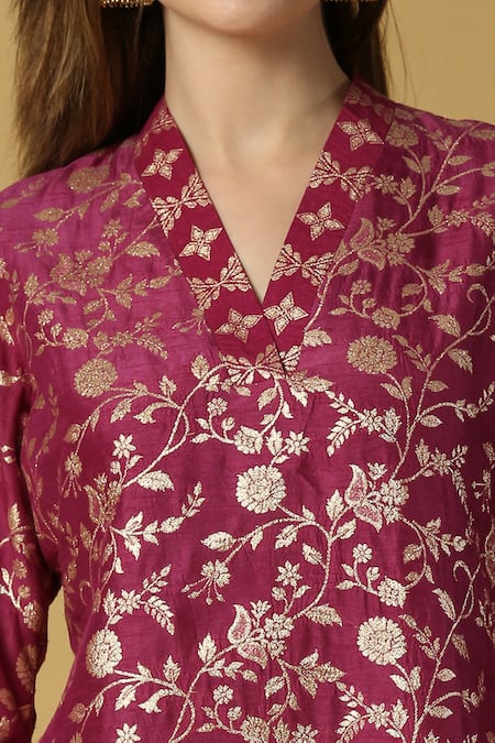 Monk & Mei By Sonia Anand Purple Silk, Brocade, Cotton Tassels Kavya Woven Pakistani Kurta And Pant Set at Aza Fashions Monk & Mei By Sonia Anand_Purple Silk, Brocade, Cotton Tassels Kavya Woven Pakistani Kurta And Pant Set _at_Aza_Fashions