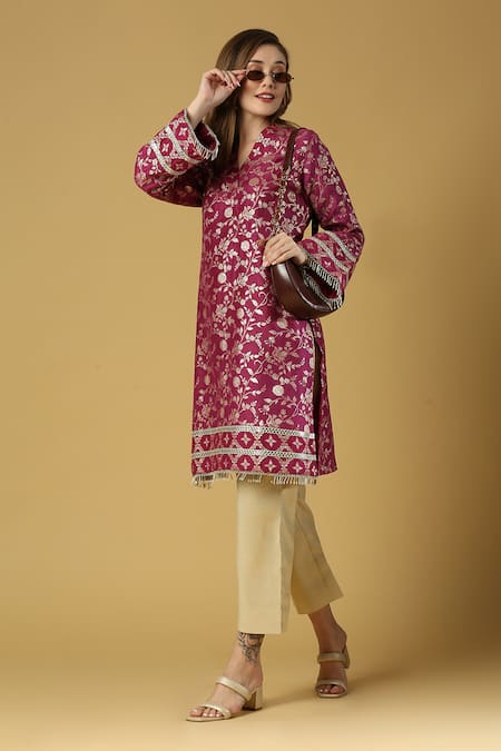 Buy Monk & Mei By Sonia Anand Purple Silk, Brocade, Cotton Tassels Kavya Woven Pakistani Kurta And Pant Set Buy_Monk & Mei By Sonia Anand_Purple Silk, Brocade, Cotton Tassels Kavya Woven Pakistani Kurta And Pant Set