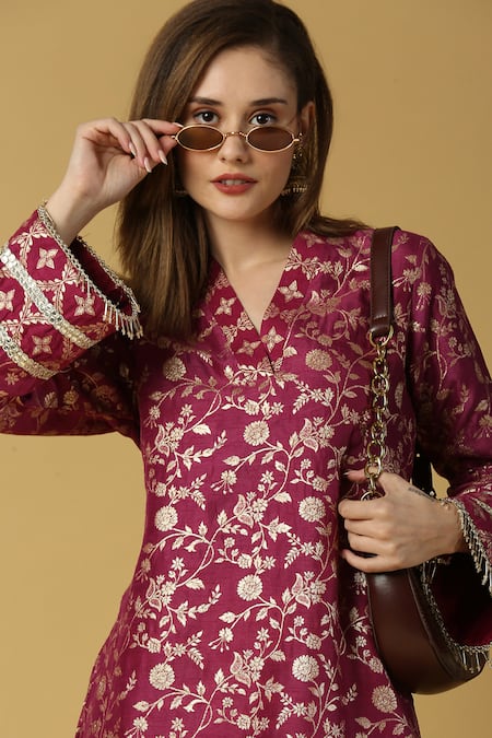 Shop Monk & Mei By Sonia Anand Purple Silk, Brocade, Cotton Tassels Kavya Woven Pakistani Kurta And Pant Set Shop_Monk & Mei By Sonia Anand_Purple Silk, Brocade, Cotton Tassels Kavya Woven Pakistani Kurta And Pant Set