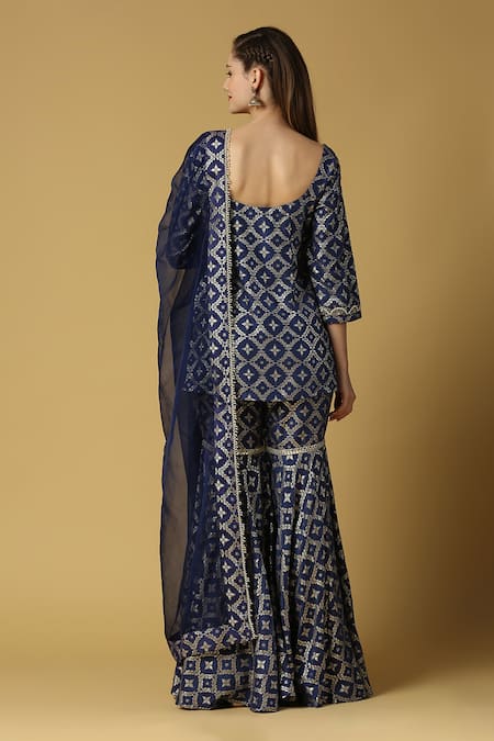 Shop_Monk & Mei By Sonia Anand_Blue Silk, Brocade Embroidery, Lace V-neck Kaynat Floral Woven Kurta Sharara Set _at_Aza_Fashions