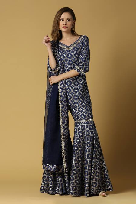 Monk & Mei By Sonia Anand_Blue Silk, Brocade Embroidery, Lace V-neck Kaynat Floral Woven Kurta Sharara Set _Online_at_Aza_Fashions