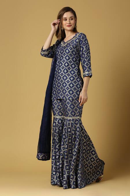 Buy_Monk & Mei By Sonia Anand_Blue Silk, Brocade Embroidery, Lace V-neck Kaynat Floral Woven Kurta Sharara Set _Online_at_Aza_Fashions