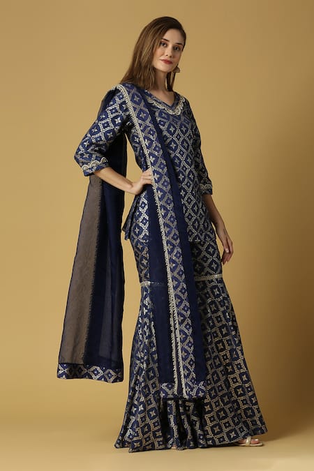 Shop_Monk & Mei By Sonia Anand_Blue Silk, Brocade Embroidery, Lace V-neck Kaynat Floral Woven Kurta Sharara Set _Online_at_Aza_Fashions