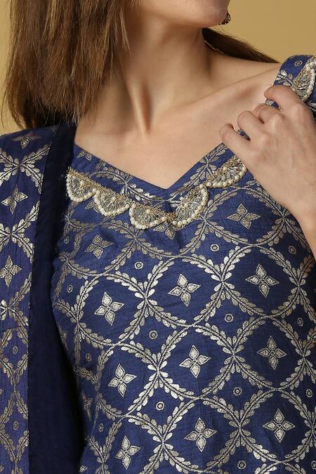 Monk & Mei By Sonia Anand_Blue Silk, Brocade Embroidery, Lace V-neck Kaynat Floral Woven Kurta Sharara Set _at_Aza_Fashions