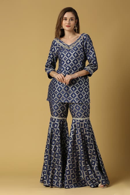 Buy_Monk & Mei By Sonia Anand_Blue Silk, Brocade Embroidery, Lace V-neck Kaynat Floral Woven Kurta Sharara Set 