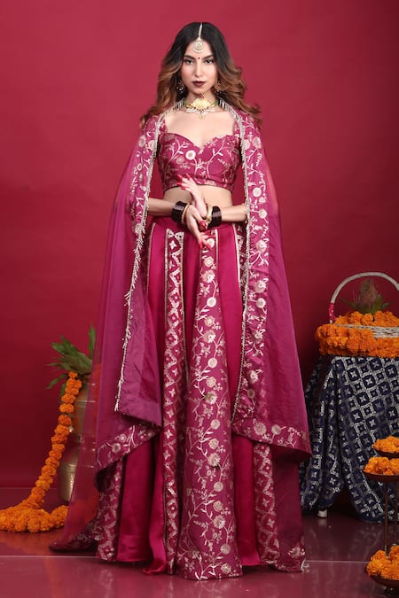 MONK & MEI BY SONIA ANAND Purple Silk And Brocade Blend Woven Floral Sweetheart Neck Leela Lehenga Set 