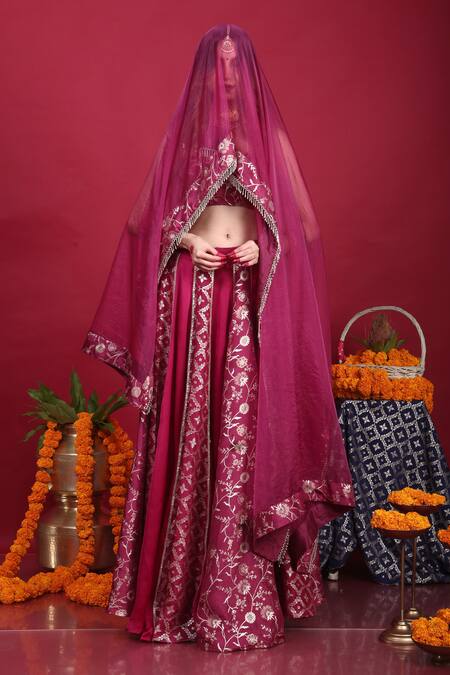Monk & Mei By Sonia Anand_Purple Silk, Brocade Embroidery Sweetheart Neck Leela Floral Woven Lehenga Set _at_Aza_Fashions