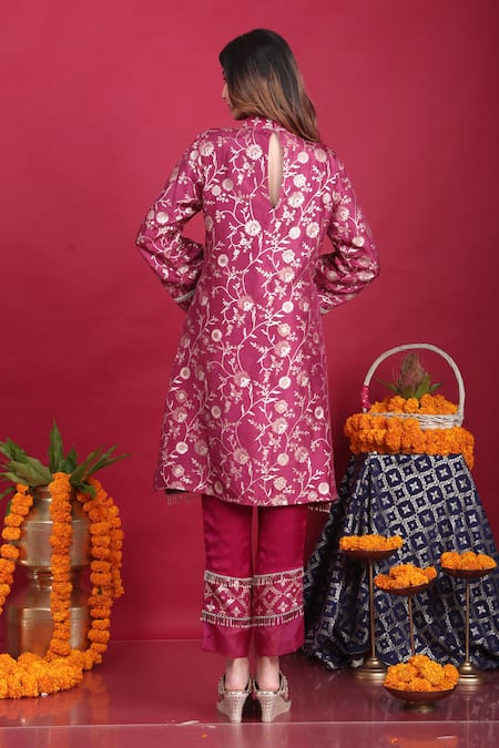 Shop_Monk & Mei By Sonia Anand_Purple Satin, Brocade Tassels, Embroidery Meena Woven Pakistani Kurta And Pant Set _at_Aza_Fashions