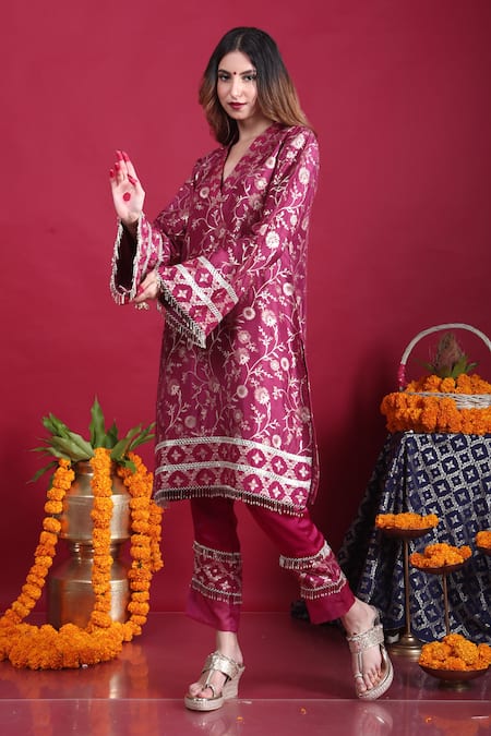 Monk & Mei By Sonia Anand_Purple Satin, Brocade Tassels, Embroidery Meena Woven Pakistani Kurta And Pant Set _Online_at_Aza_Fashions