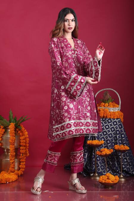 Buy_Monk & Mei By Sonia Anand_Purple Satin, Brocade Tassels, Embroidery Meena Woven Pakistani Kurta And Pant Set _Online_at_Aza_Fashions