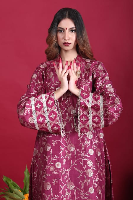 Shop_Monk & Mei By Sonia Anand_Purple Satin, Brocade Tassels, Embroidery Meena Woven Pakistani Kurta And Pant Set _Online_at_Aza_Fashions