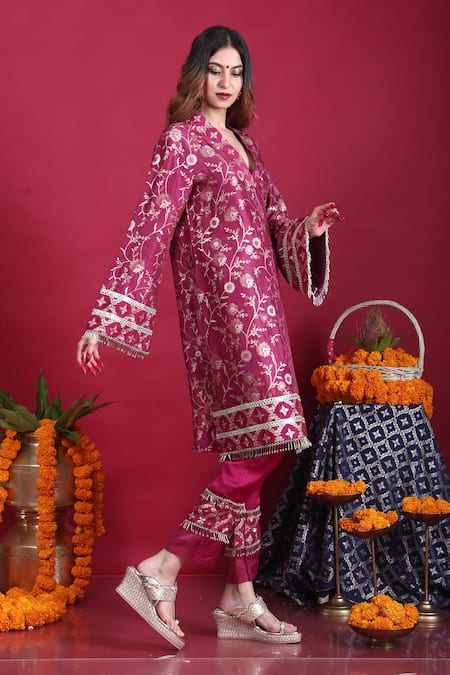 Monk & Mei By Sonia Anand_Purple Satin, Brocade Tassels, Embroidery Meena Woven Pakistani Kurta And Pant Set _at_Aza_Fashions