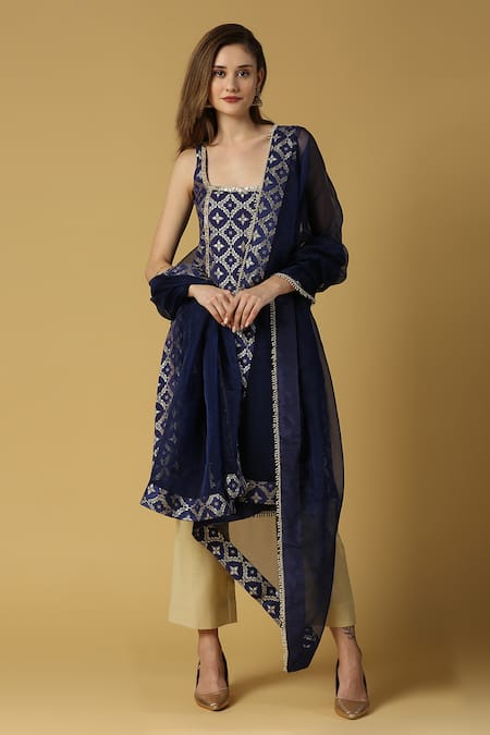 Monk & Mei By Sonia Anand Blue Silk, Brocade, Chiffon Embroidery, Radha Floral Woven Straight Kurta Set 