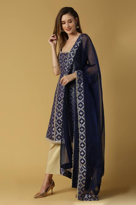 Monk & Mei By Sonia Anand Blue Silk, Brocade, Chiffon Embroidery, Radha Floral Woven Straight Kurta Set Online at Aza Fashions Monk & Mei By Sonia Anand_Blue Silk, Brocade, Chiffon Embroidery, Radha Floral Woven Straight Kurta Set _Online_at_Aza_Fashions