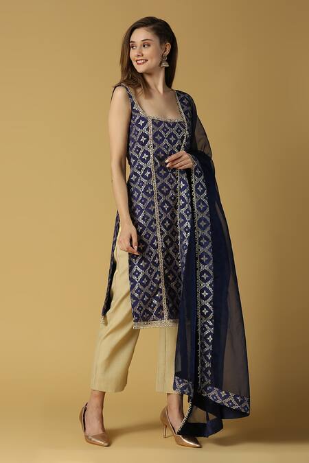 Buy Monk & Mei By Sonia Anand Blue Silk, Brocade, Chiffon Embroidery, Radha Floral Woven Straight Kurta Set Online at Aza Fashions Buy_Monk & Mei By Sonia Anand_Blue Silk, Brocade, Chiffon Embroidery, Radha Floral Woven Straight Kurta Set _Online_at_Aza_Fashions