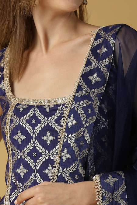 Shop Monk & Mei By Sonia Anand Blue Silk, Brocade, Chiffon Embroidery, Radha Floral Woven Straight Kurta Set Online at Aza Fashions Shop_Monk & Mei By Sonia Anand_Blue Silk, Brocade, Chiffon Embroidery, Radha Floral Woven Straight Kurta Set _Online_at_Aza_Fashions