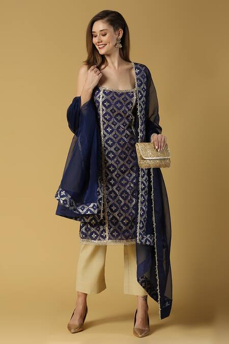 Monk & Mei By Sonia Anand Blue Silk, Brocade, Chiffon Embroidery, Radha Floral Woven Straight Kurta Set at Aza Fashions Monk & Mei By Sonia Anand_Blue Silk, Brocade, Chiffon Embroidery, Radha Floral Woven Straight Kurta Set _at_Aza_Fashions