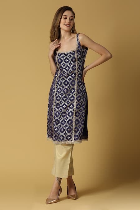 Buy Monk & Mei By Sonia Anand Blue Silk, Brocade, Chiffon Embroidery, Radha Floral Woven Straight Kurta Set Buy_Monk & Mei By Sonia Anand_Blue Silk, Brocade, Chiffon Embroidery, Radha Floral Woven Straight Kurta Set