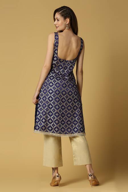 Shop Monk & Mei By Sonia Anand Blue Silk, Brocade, Chiffon Embroidery, Radha Floral Woven Straight Kurta Set Shop_Monk & Mei By Sonia Anand_Blue Silk, Brocade, Chiffon Embroidery, Radha Floral Woven Straight Kurta Set