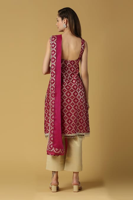 Shop_Monk & Mei By Sonia Anand_Purple Silk, Brocade Lace, Tassels, Embroidery Radha Floral Woven Kurta Set _at_Aza_Fashions