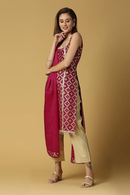 Monk & Mei By Sonia Anand_Purple Silk, Brocade Lace, Tassels, Embroidery Radha Floral Woven Kurta Set _Online_at_Aza_Fashions