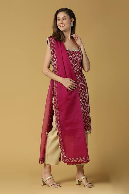 Buy_Monk & Mei By Sonia Anand_Purple Silk, Brocade Lace, Tassels, Embroidery Radha Floral Woven Kurta Set _Online_at_Aza_Fashions