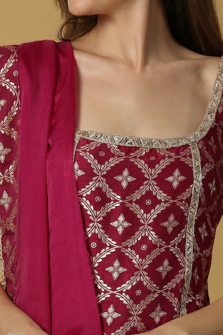 Shop_Monk & Mei By Sonia Anand_Purple Silk, Brocade Lace, Tassels, Embroidery Radha Floral Woven Kurta Set _Online_at_Aza_Fashions