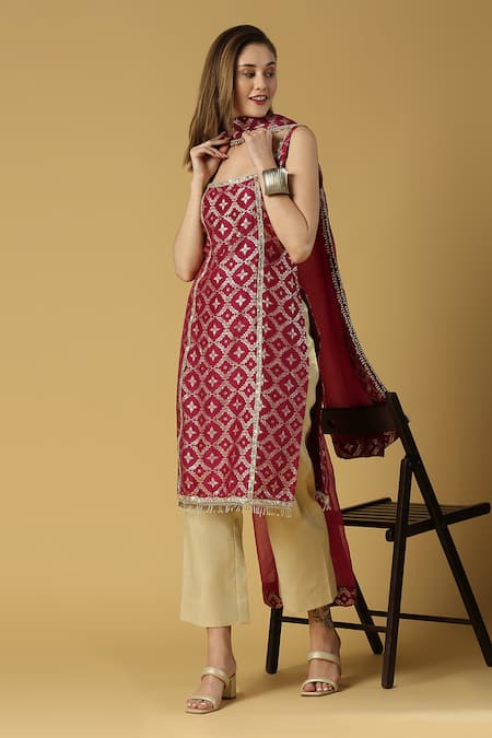 Monk & Mei By Sonia Anand_Purple Silk, Brocade Lace, Tassels, Embroidery Radha Floral Woven Kurta Set _at_Aza_Fashions