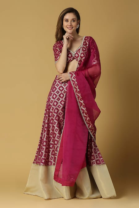 MONK & MEI BY SONIA ANAND Purple Brocade Woven Floral V Neck Sevati Sharara Saree With Blouse 