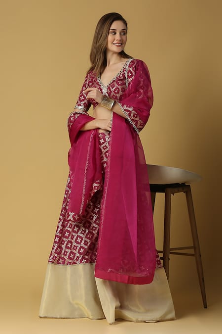Buy_Monk & Mei By Sonia Anand_Purple Brocade Embroidery, Sequins, Sevati Woven Sharara Saree With Blouse _Online_at_Aza_Fashions