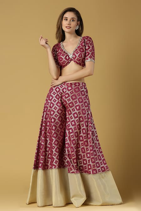 Shop_Monk & Mei By Sonia Anand_Purple Brocade Embroidery, Sequins, Sevati Woven Sharara Saree With Blouse _Online_at_Aza_Fashions