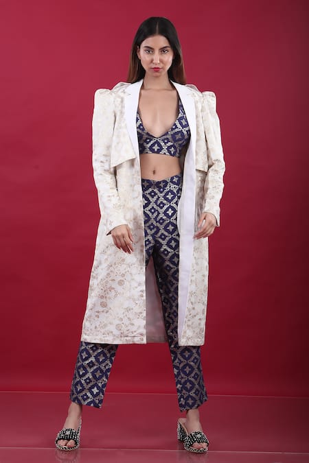 Monk & Mei By Sonia Anand Purple Silk, Brocade Embroidery V-neck, Floral Pattern Trench Coat And Pant Set 