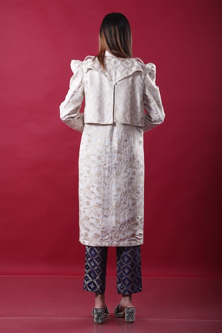 Shop_Monk & Mei By Sonia Anand_Purple Silk, Brocade Embroidery V-neck, Floral Pattern Trench Coat And Pant Set _at_Aza_Fashions