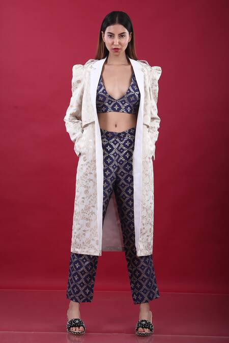 Monk & Mei By Sonia Anand_Purple Silk, Brocade Embroidery V-neck, Floral Pattern Trench Coat And Pant Set _Online_at_Aza_Fashions