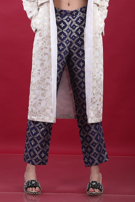 Buy Monk & Mei By Sonia Anand Purple Silk, Brocade Embroidery V-neck, Floral Pattern Trench Coat And Pant Set Online at Aza Fashions Buy_Monk & Mei By Sonia Anand_Purple Silk, Brocade Embroidery V-neck, Floral Pattern Trench Coat And Pant Set _Online_at_Aza_Fashions