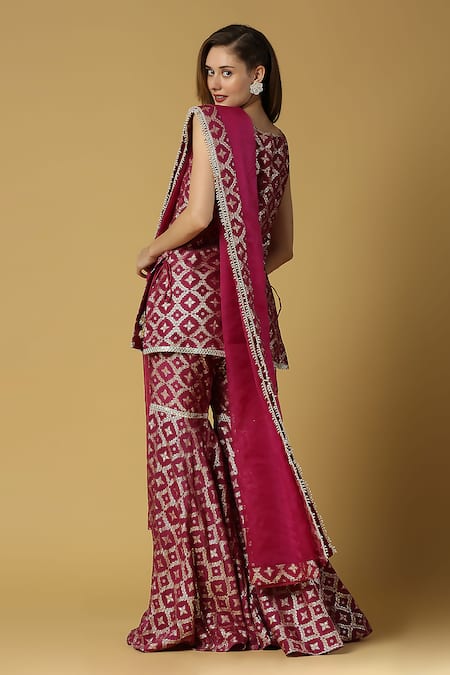 Shop_Monk & Mei By Sonia Anand_Purple Silk, Brocade Lace, Embroidery Vani Floral Pattern Kurta Sharara Set _at_Aza_Fashions