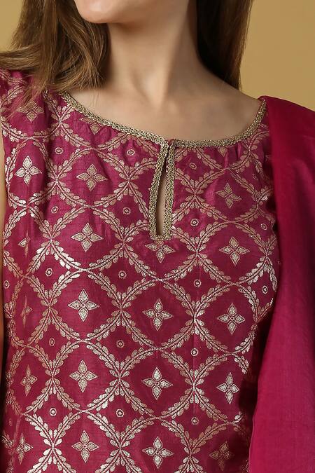 Buy_Monk & Mei By Sonia Anand_Purple Silk, Brocade Lace, Embroidery Vani Floral Pattern Kurta Sharara Set _Online_at_Aza_Fashions