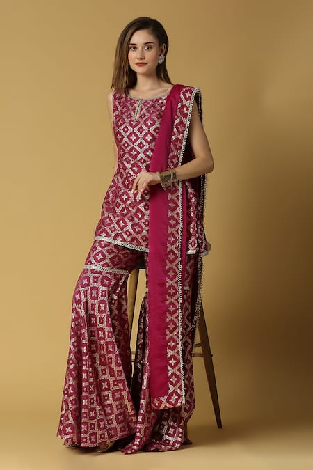 Shop_Monk & Mei By Sonia Anand_Purple Silk, Brocade Lace, Embroidery Vani Floral Pattern Kurta Sharara Set _Online_at_Aza_Fashions