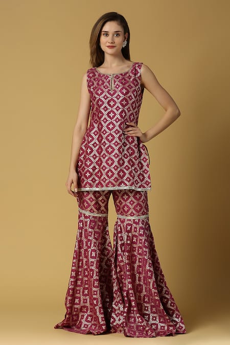 Monk & Mei By Sonia Anand_Purple Silk, Brocade Lace, Embroidery Vani Floral Pattern Kurta Sharara Set _at_Aza_Fashions