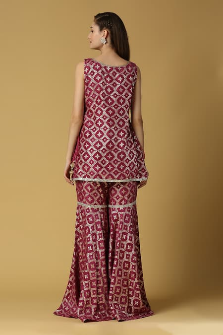 Buy_Monk & Mei By Sonia Anand_Purple Silk, Brocade Lace, Embroidery Vani Floral Pattern Kurta Sharara Set 
