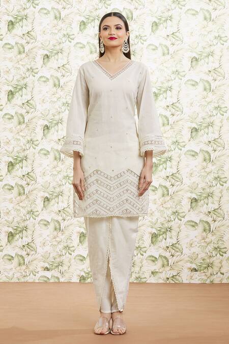 Kaia_White Cotton, Organza Embroidery, Lace V-neck Kurta Dhoti Pant Set_Online_at_Aza_Fashions