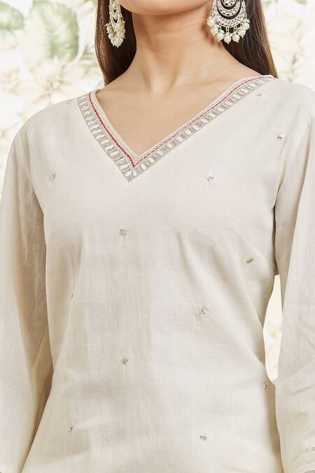 Buy_Kaia_White Cotton, Organza Embroidery, Lace V-neck Kurta Dhoti Pant Set_Online_at_Aza_Fashions