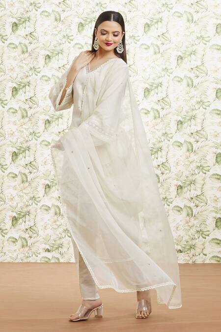 Shop_Kaia_White Cotton, Organza Embroidery, Lace V-neck Kurta Dhoti Pant Set_Online_at_Aza_Fashions